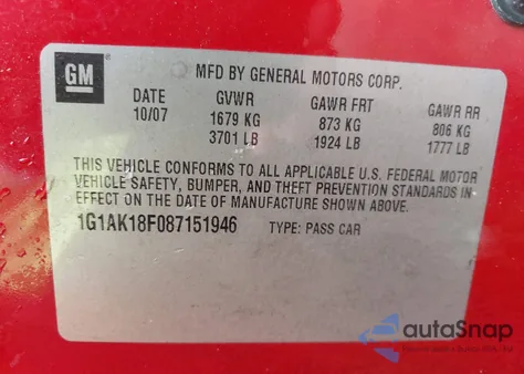 2008 Chevrolet Cobalt Ls из США, поврежденный, VIN 1G1AK18F087151946